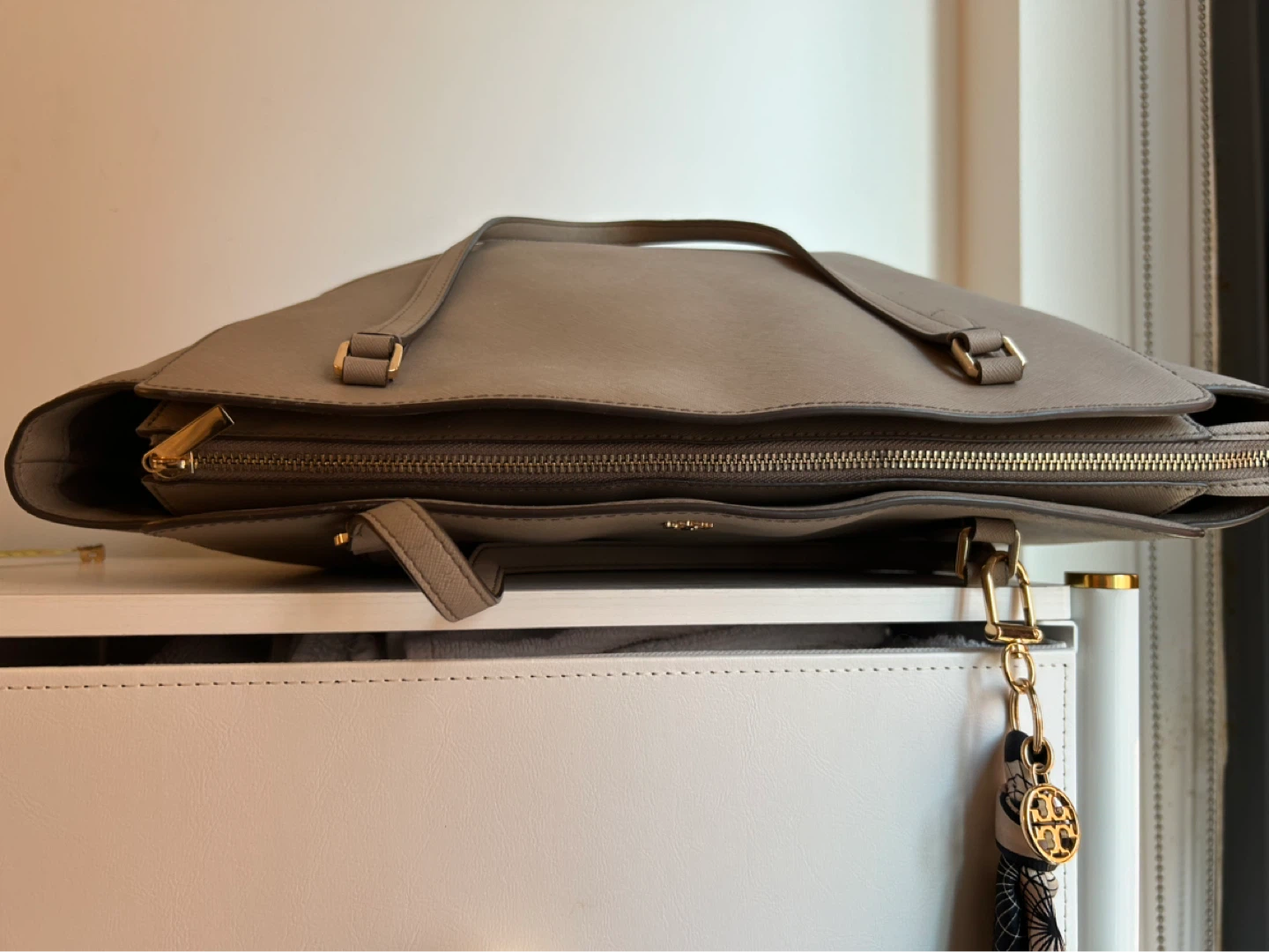 Tory Burch Taupe Leather Tote Bag with Silk Scarf - photo 3