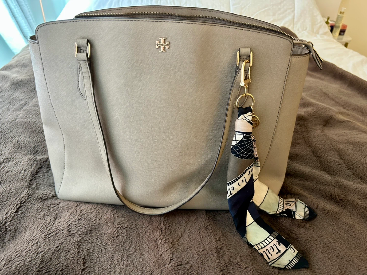 Tory Burch Taupe Leather Tote Bag with Silk Scarf