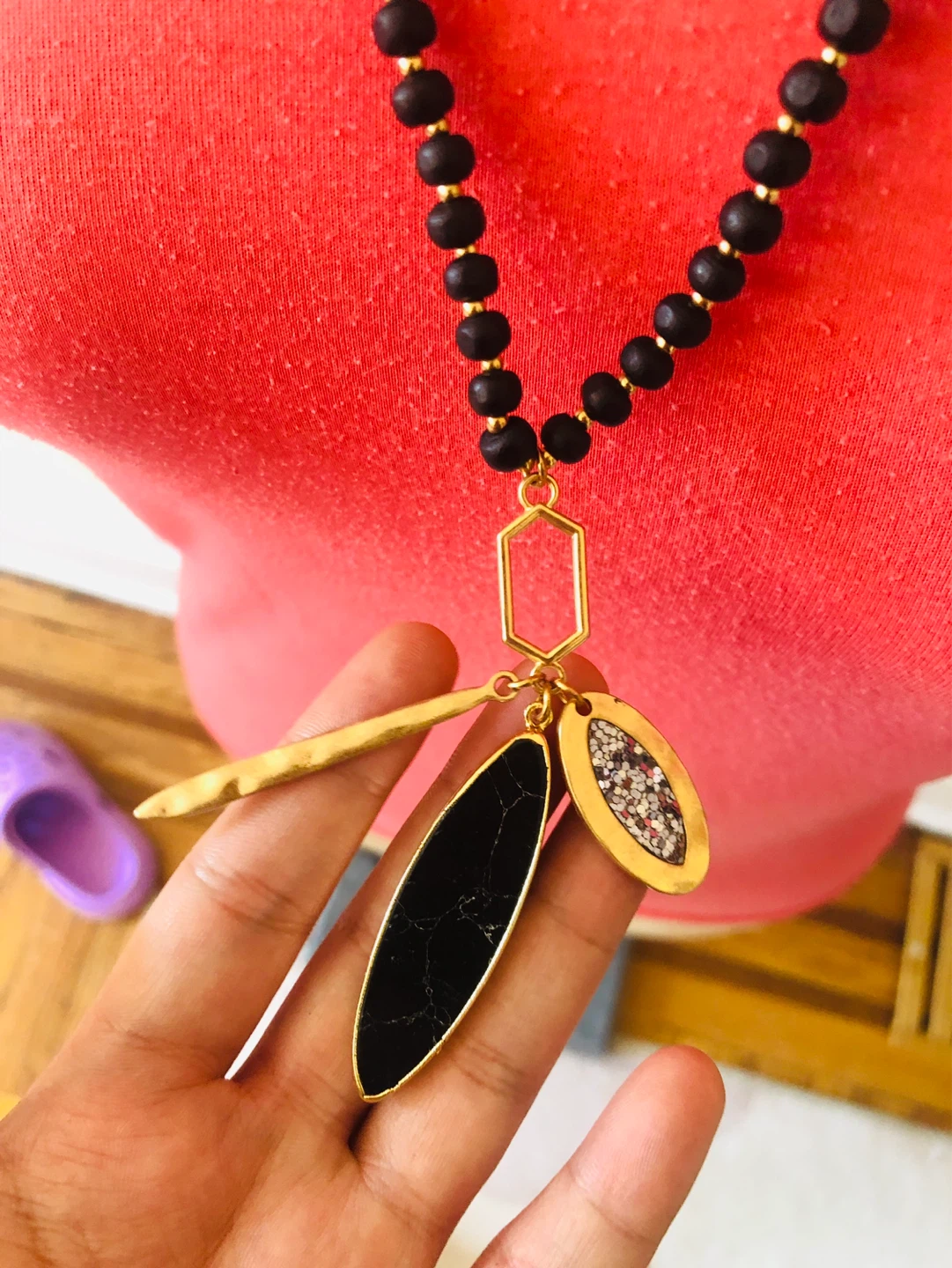 Black Beaded Pendant Necklace with Gold Accents - photo 3