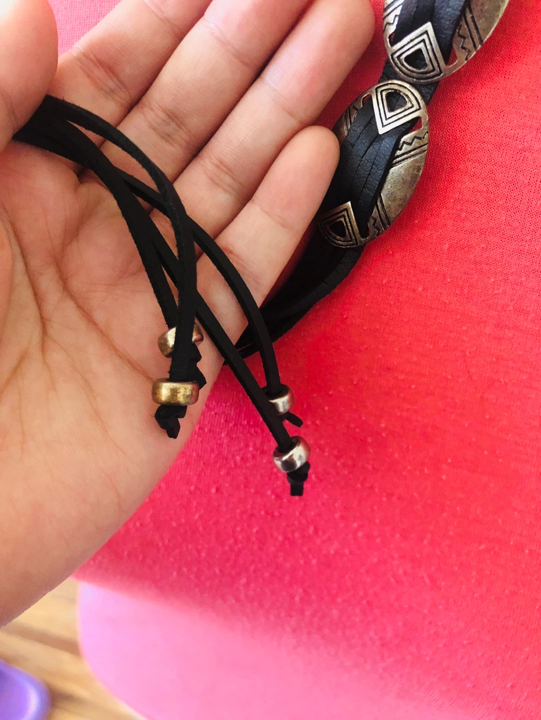 Black Leather Bolo Tie Necklace with Silver-Tone Oval Pendant - photo 3
