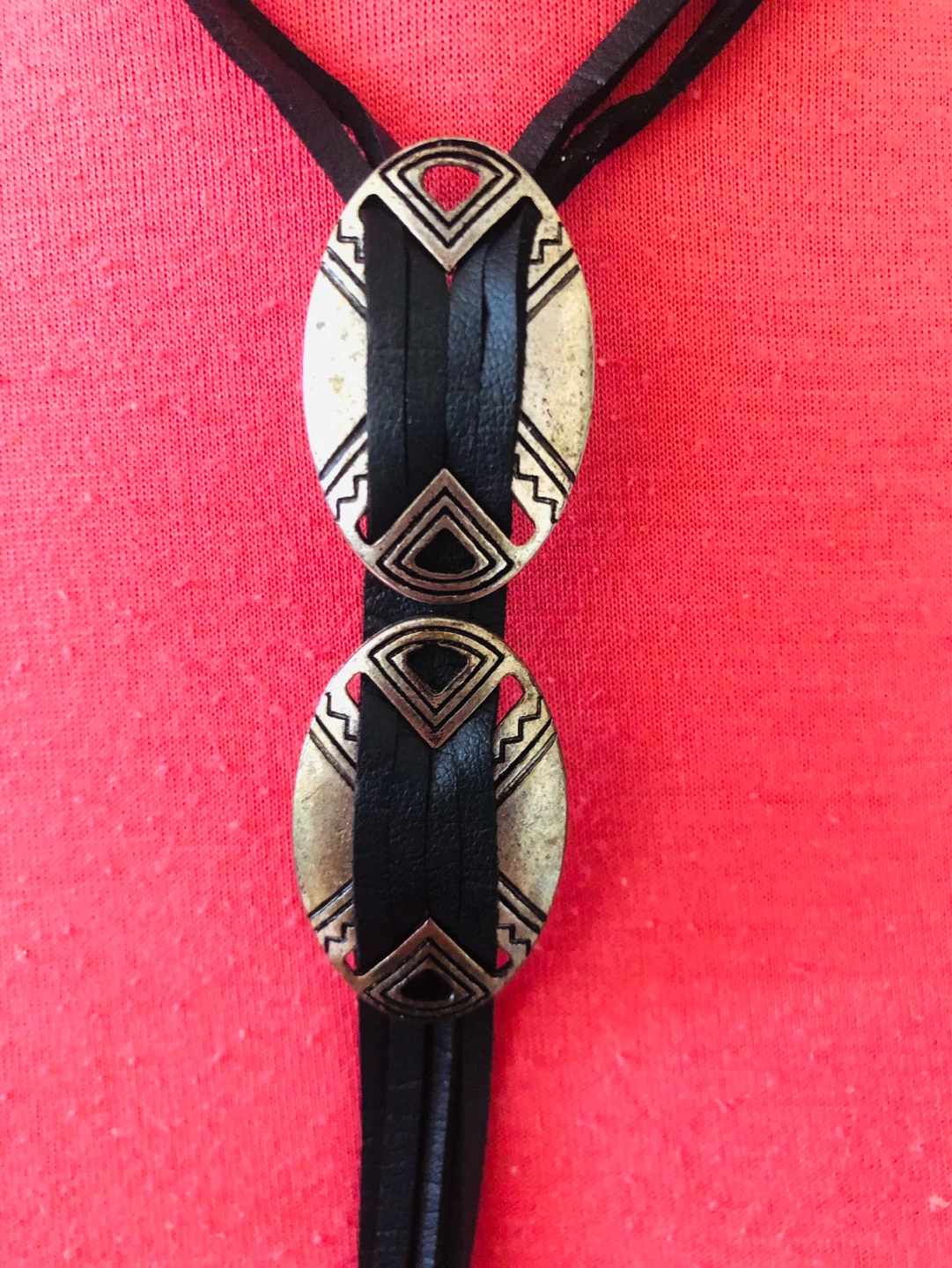 Black Leather Bolo Tie Necklace with Silver-Tone Oval Pendant - photo 2
