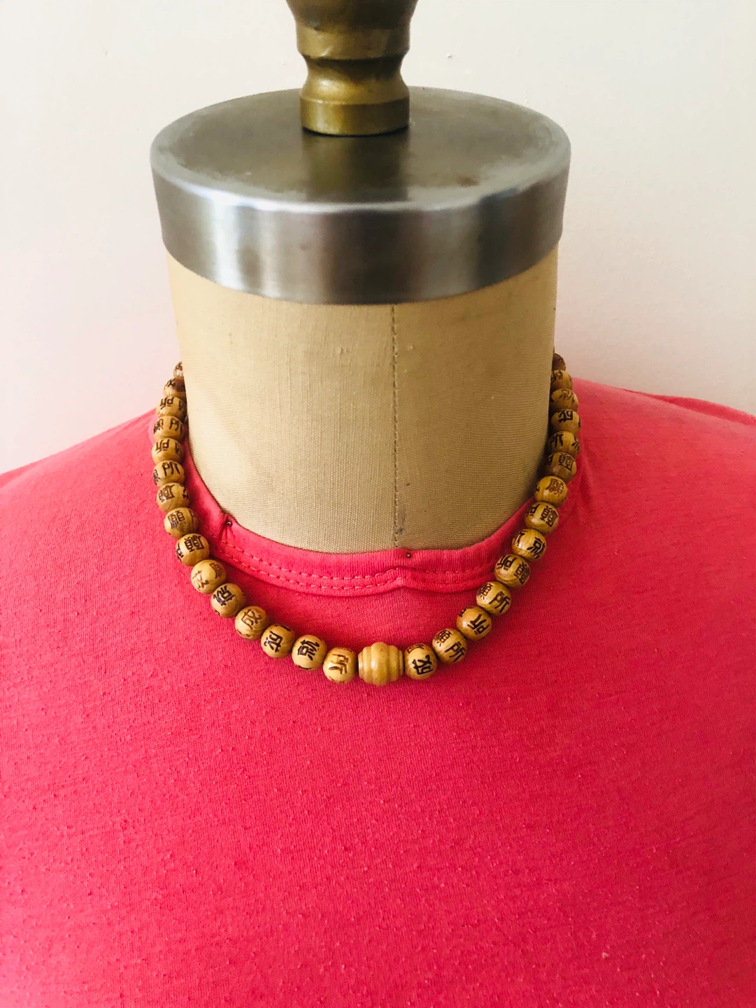 Wooden Beaded Necklace with Chinese Characters