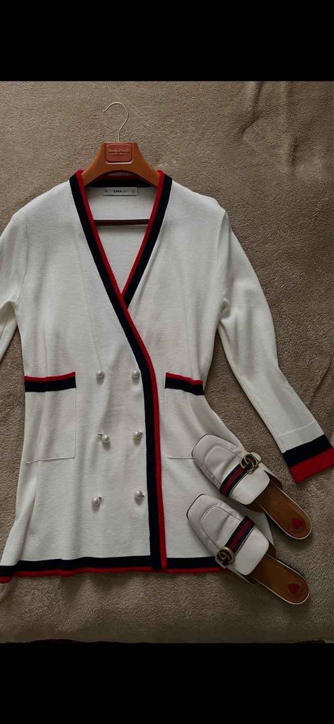 ZARA KNIT White Double-Breasted Blazer Cardigan Size L