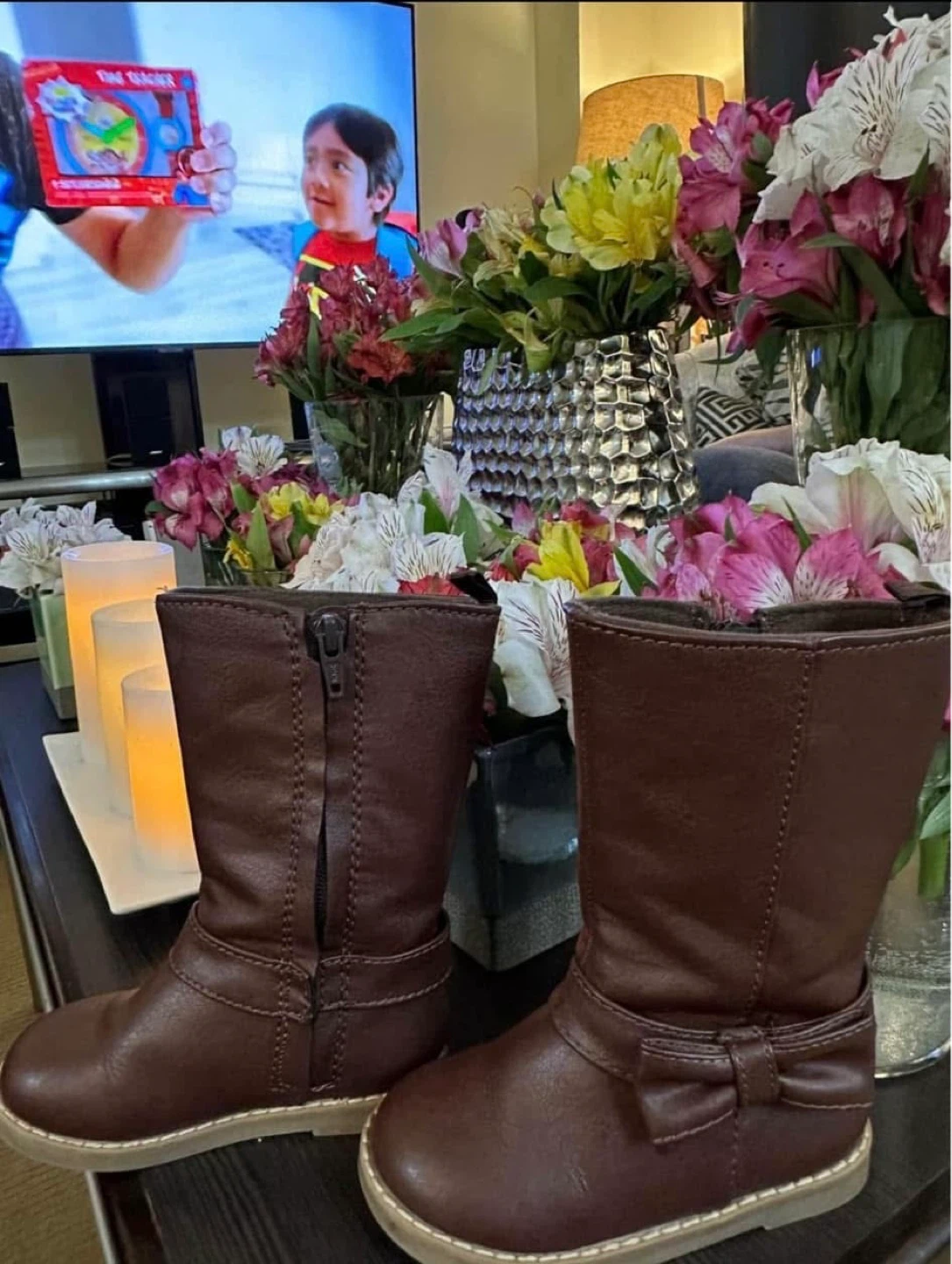 Toddler Girls Brown Faux Leather Boots with Bow Accent - photo 2