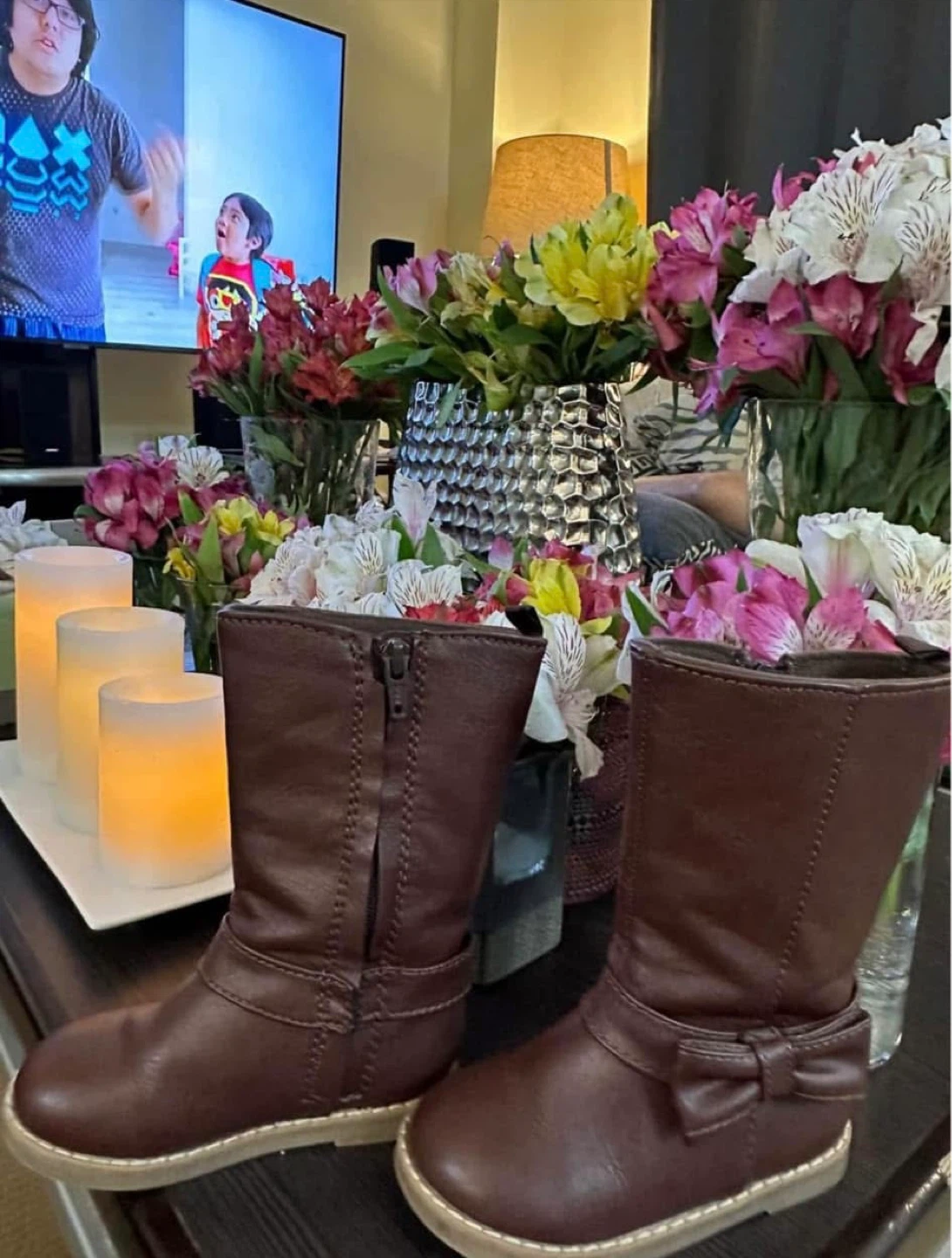Toddler Girls Brown Faux Leather Boots with Bow Accent