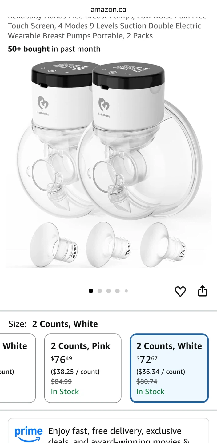 Bellababy Electric Wearable Breast Pumps, 2 Counts, White