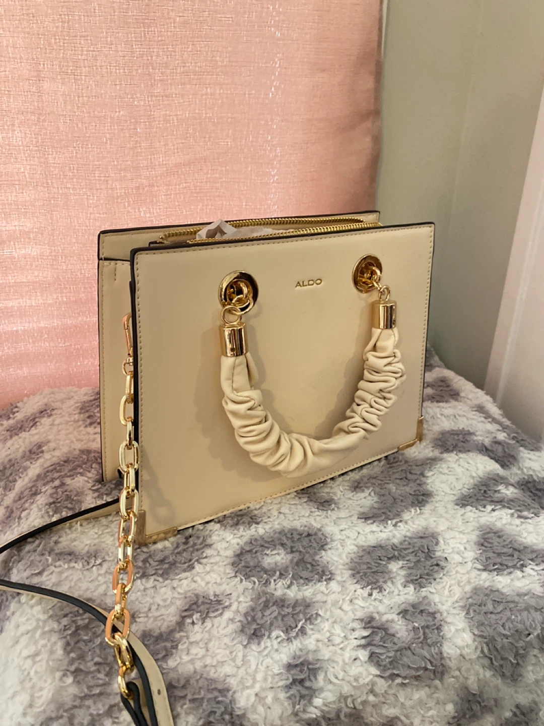ALDO Cream Ruched Handle Satchel Handbag