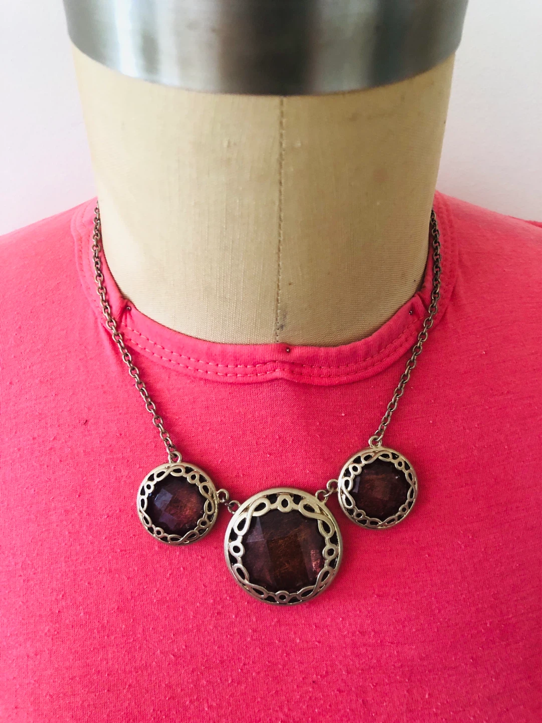 Statement Necklace with Bronze-Tone Chain and Faceted Gems