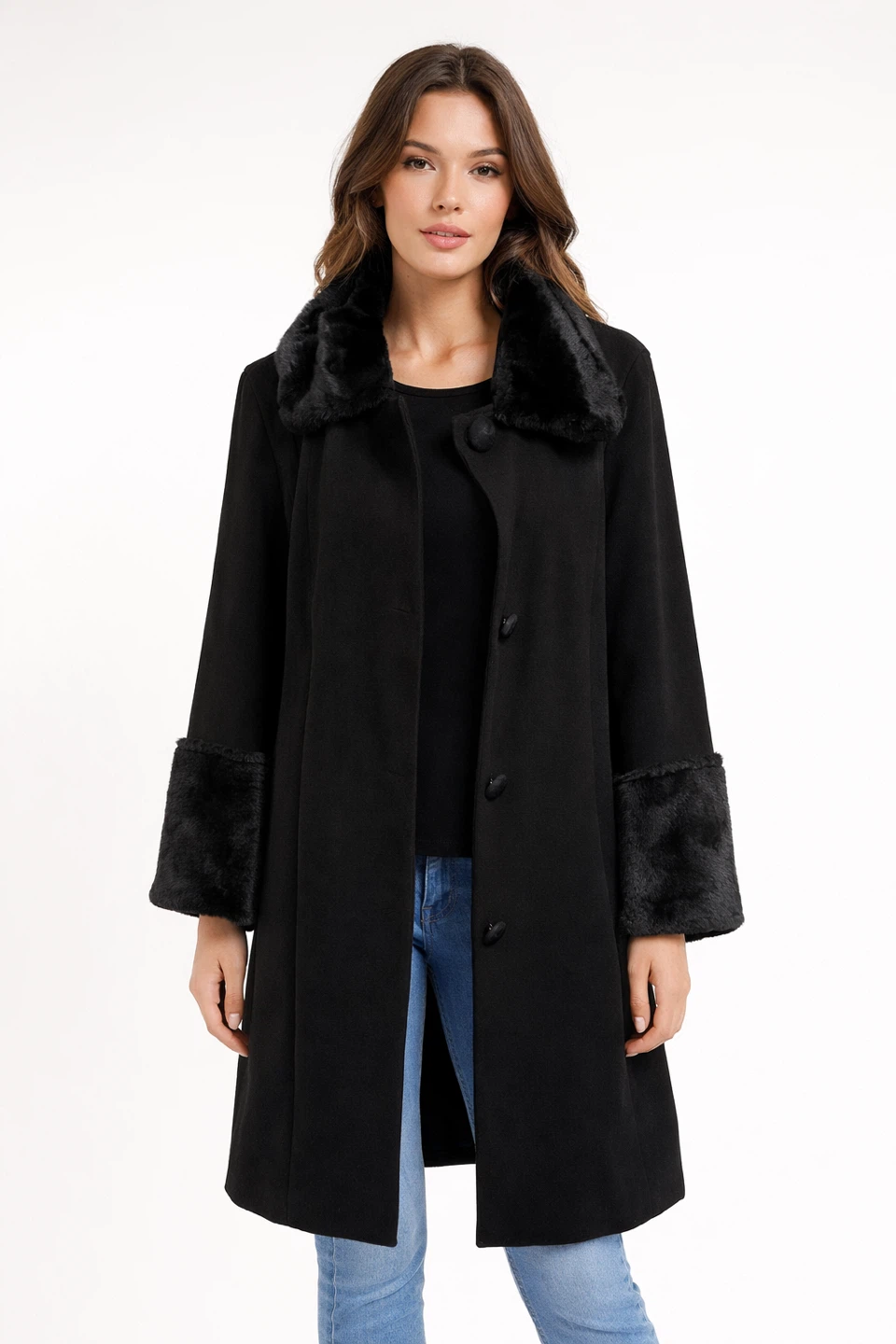 Black Coat with Faux Fur Collar and Cuffs