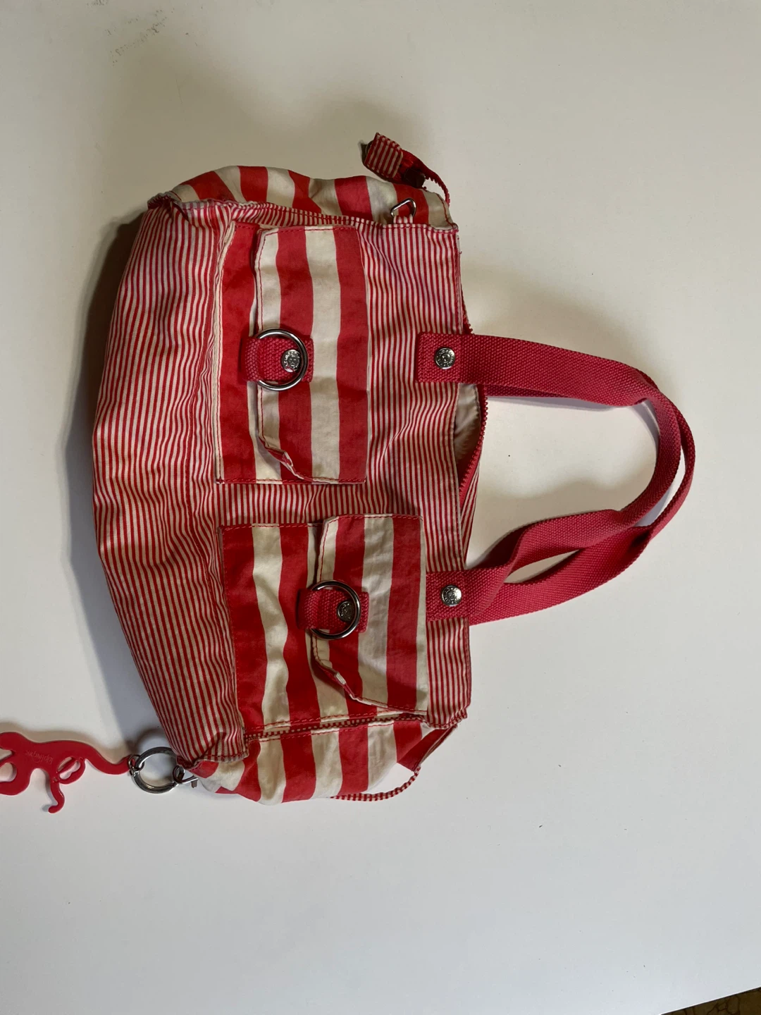 Kipling Red & White Stripe Nylon Tote Bag with Monkey Keychain