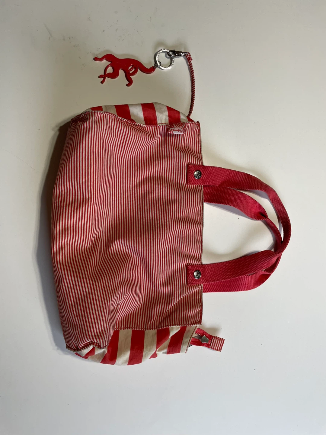 Kipling Red & White Stripe Nylon Tote Bag with Monkey Keychain - photo 2