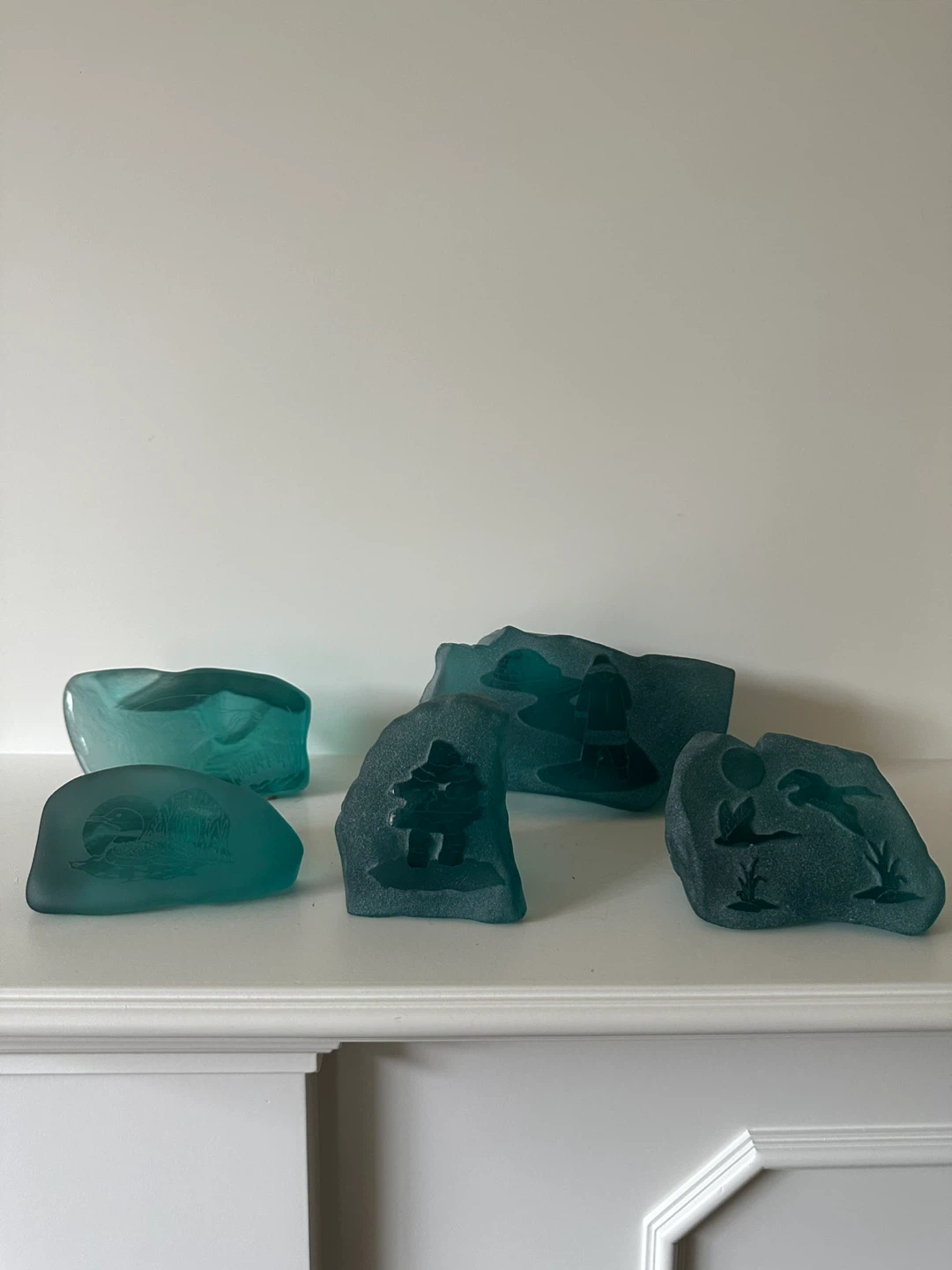 Set of 5 Teal Frosted Glass Decorative Blocks with Etched Scenes - photo 3