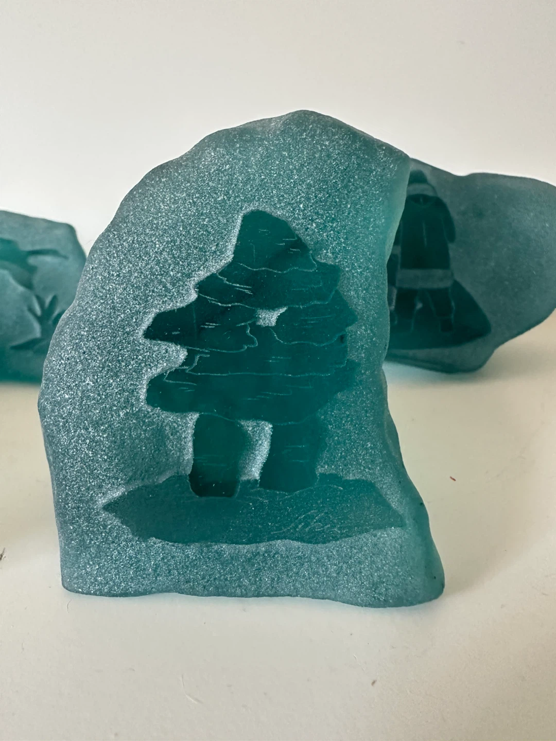 Set of 5 Teal Frosted Glass Decorative Blocks with Etched Scenes - photo 2