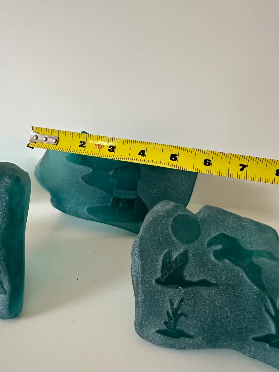 Set of 5 Teal Frosted Glass Decorative Blocks with Etched Scenes - photo 4