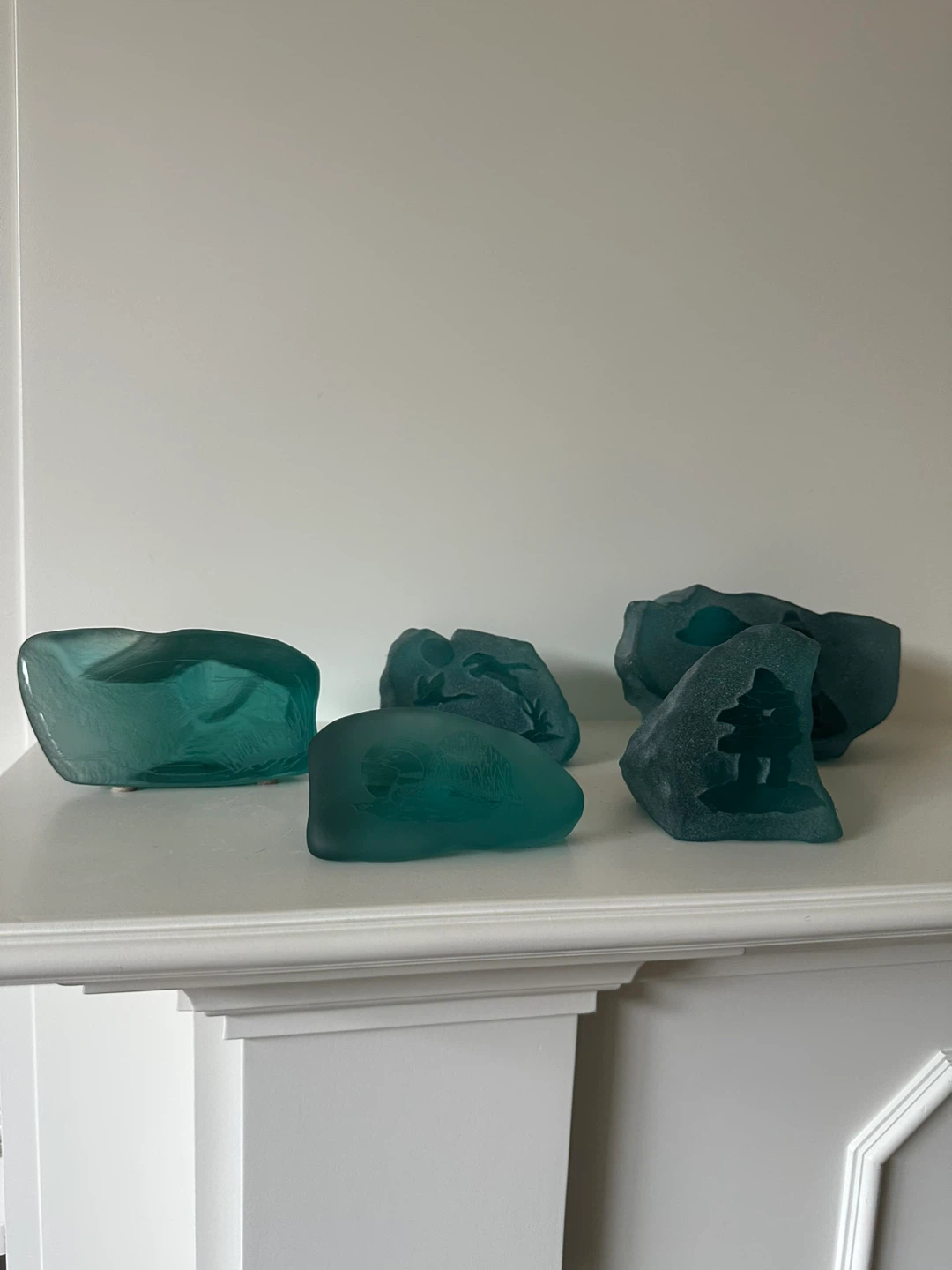 Set of 5 Teal Frosted Glass Decorative Blocks with Etched Scenes