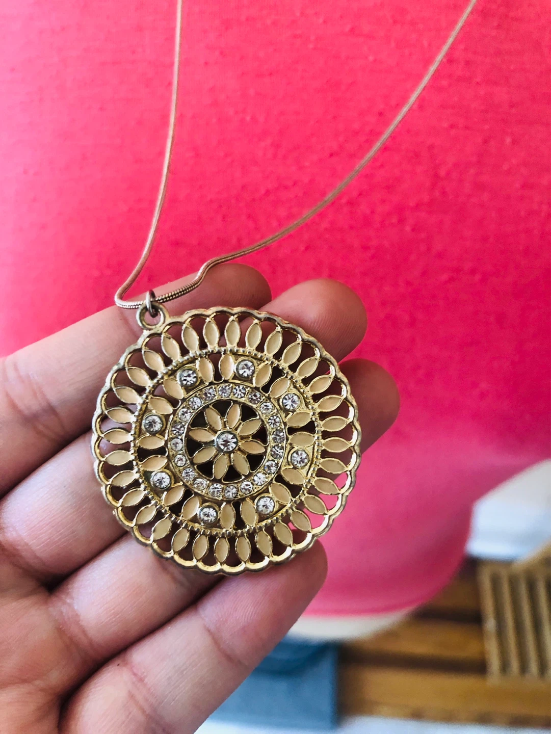 Gold-tone Mandala Pendant Necklace with Rhinestones - photo 2