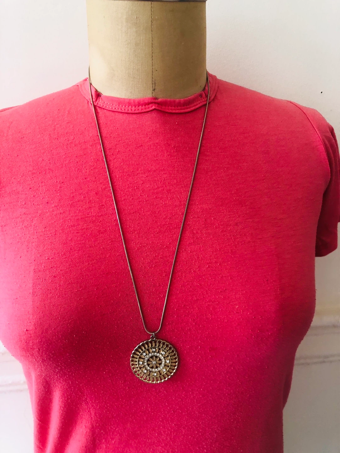 Gold-tone Mandala Pendant Necklace with Rhinestones