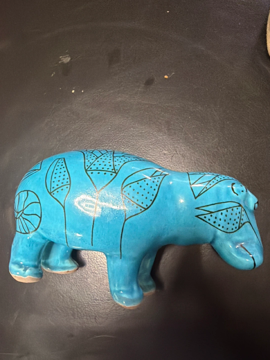 Blue Ceramic Hippo Figurine with Black Pattern