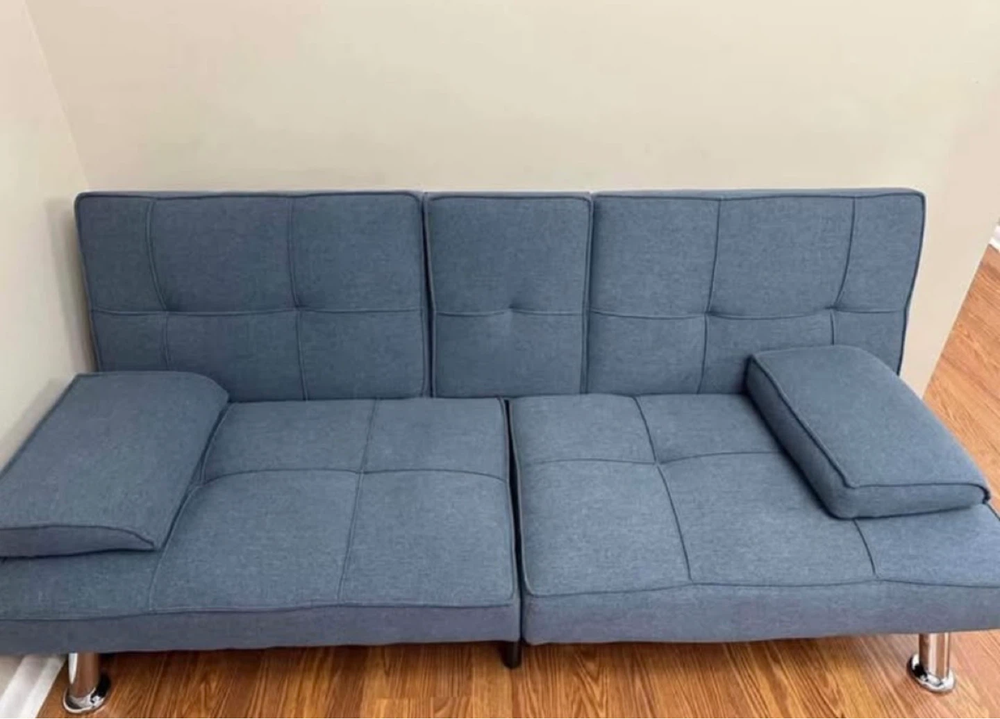 Blue Futon Sofa with Cup Holders