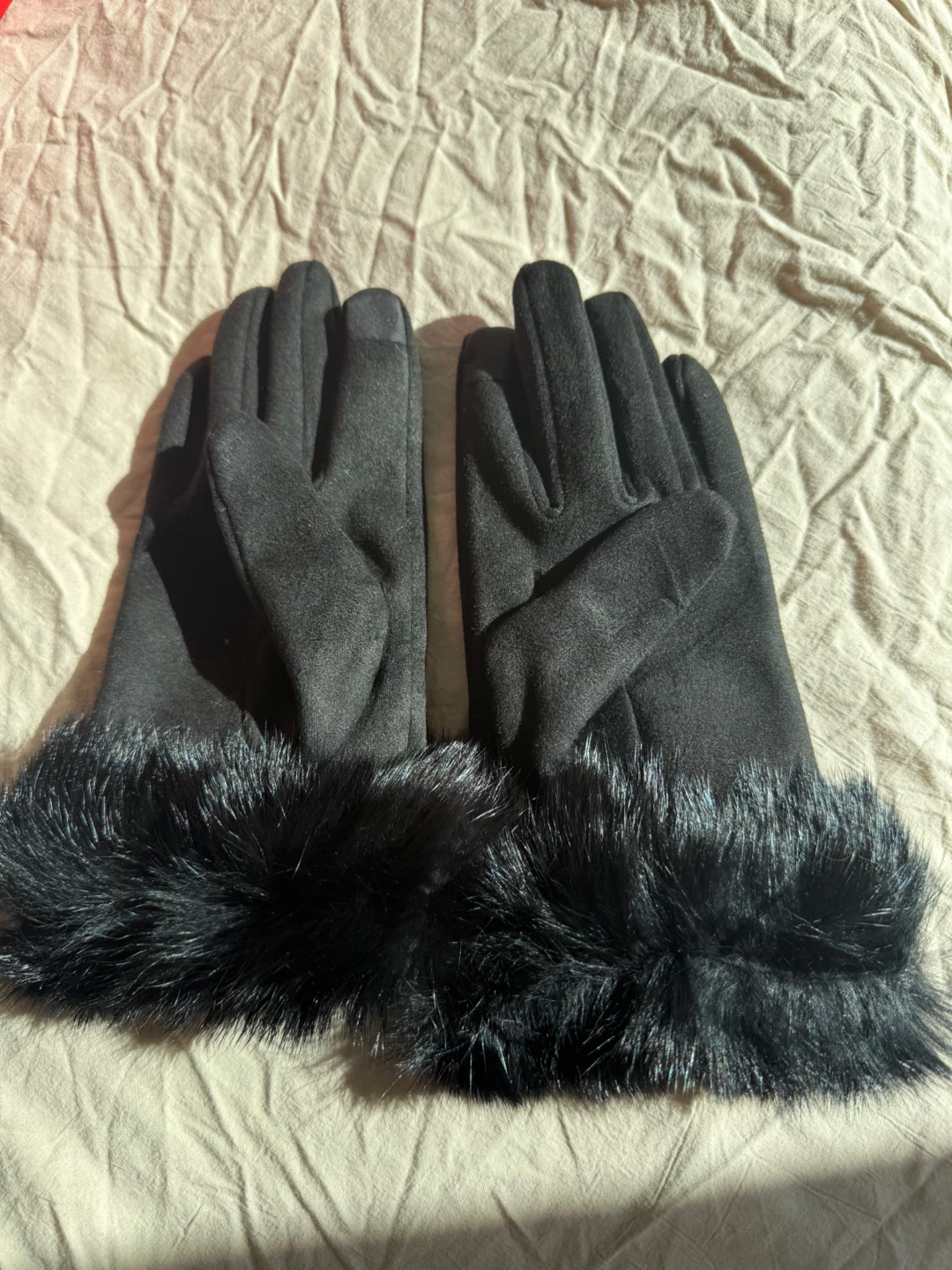 Black Faux Fur Trim Gloves