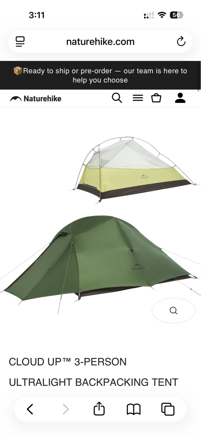 Naturehike Cloud Up 3-Person Ultralight Backpacking Tent