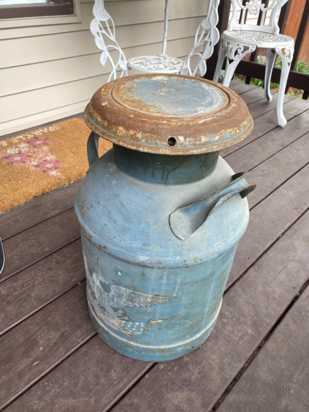 Vintage Blue Metal Milk Can with Eagle Decal - photo 3