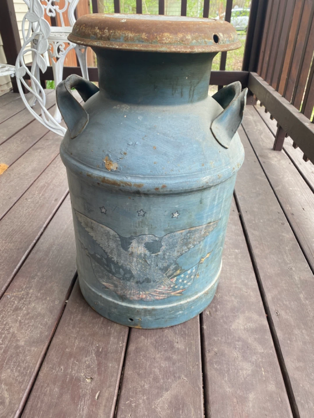 Vintage Blue Metal Milk Can with Eagle Decal - photo 2