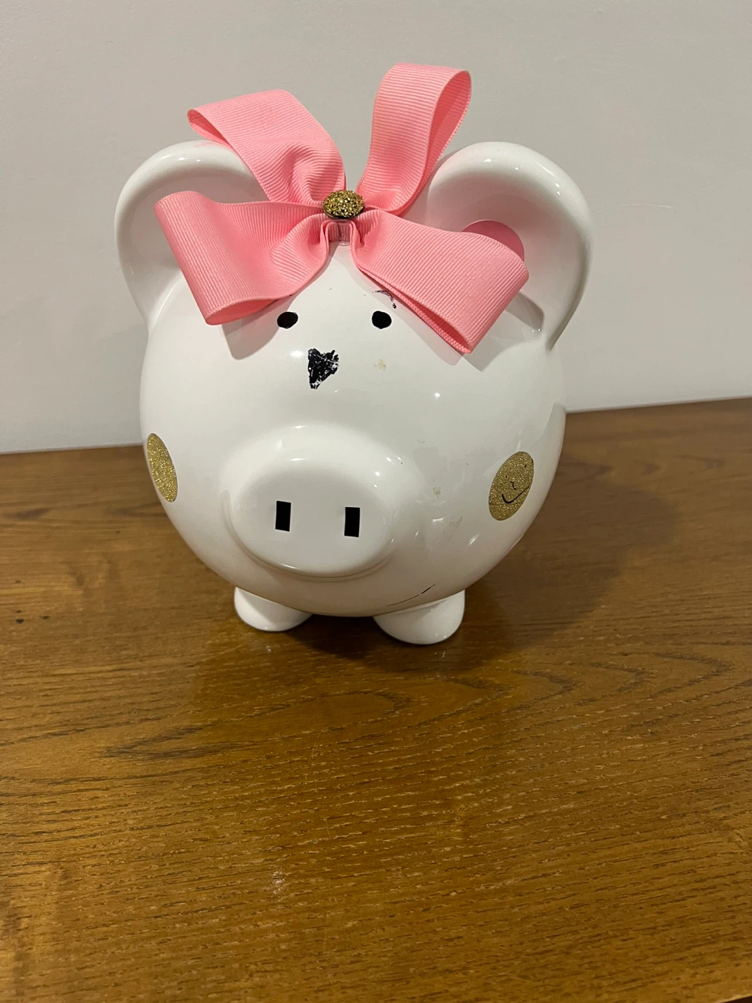 White Piggy Bank with Pink Bow and Polka Dots - photo 2