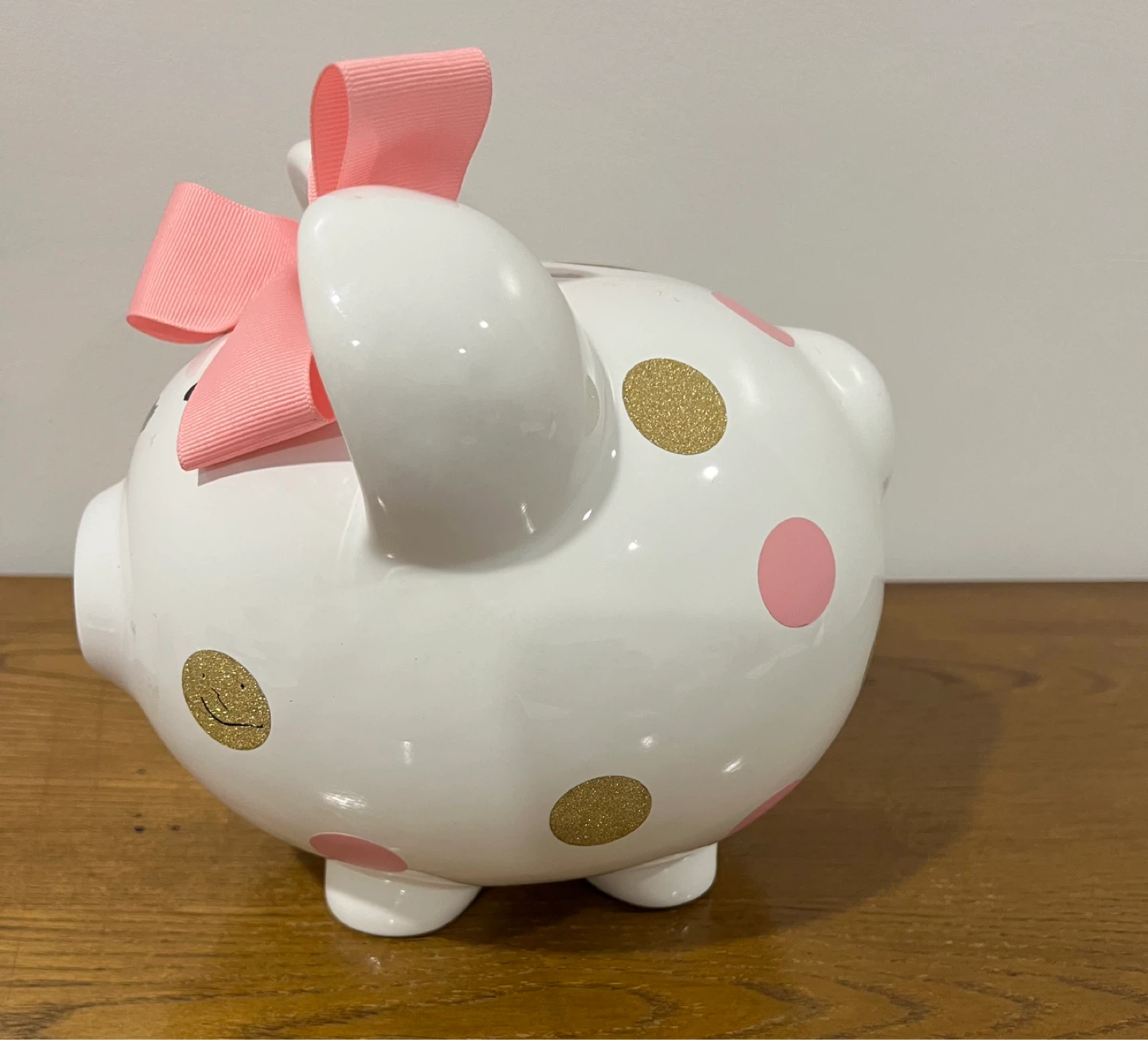 White Piggy Bank with Pink Bow and Polka Dots