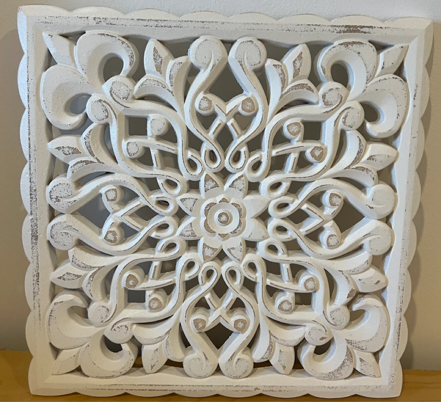 Set of 2 White Carved Wood Wall Panels