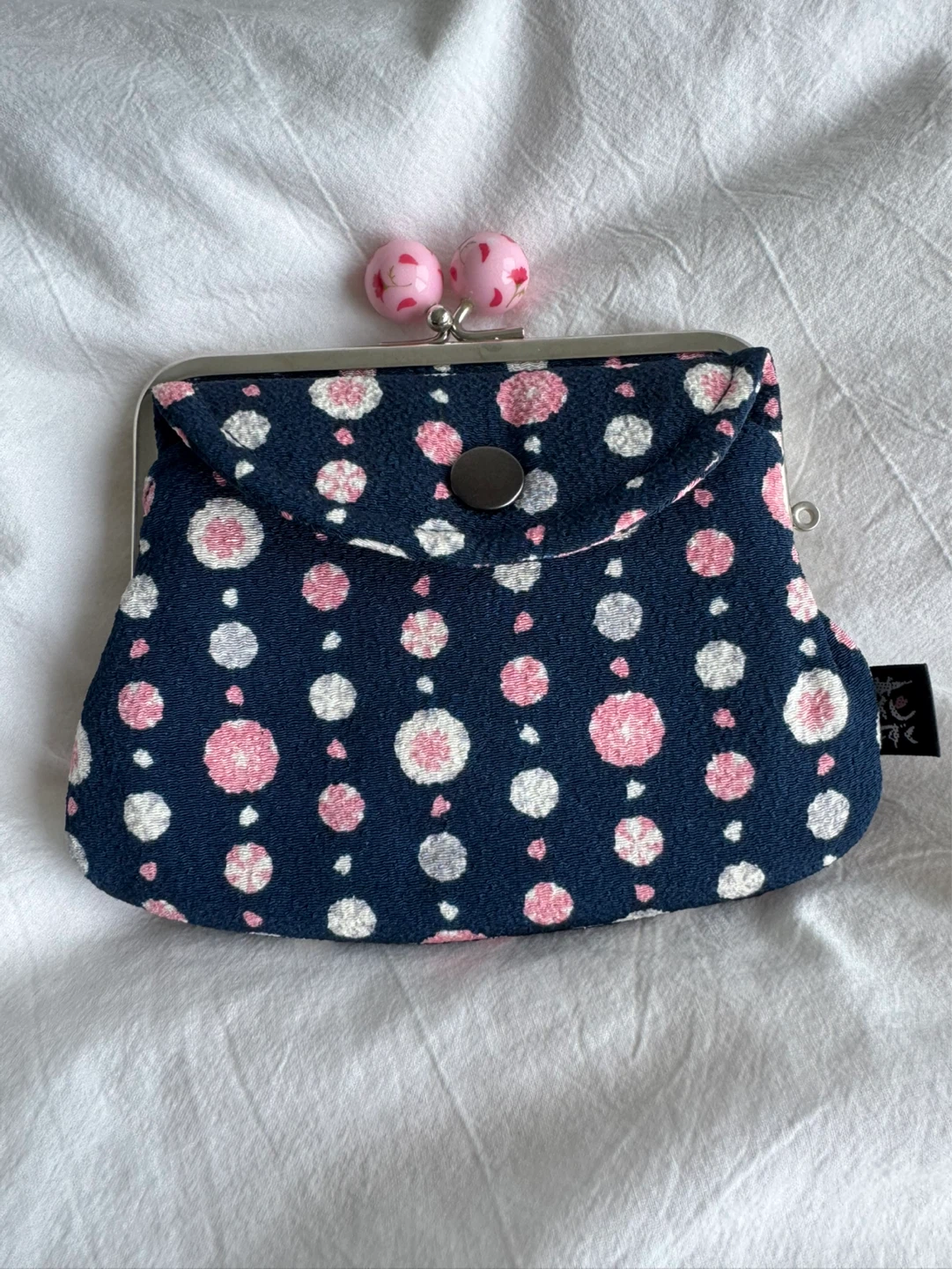 Handmade Navy floral print coin purse with kiss clasp from Japan