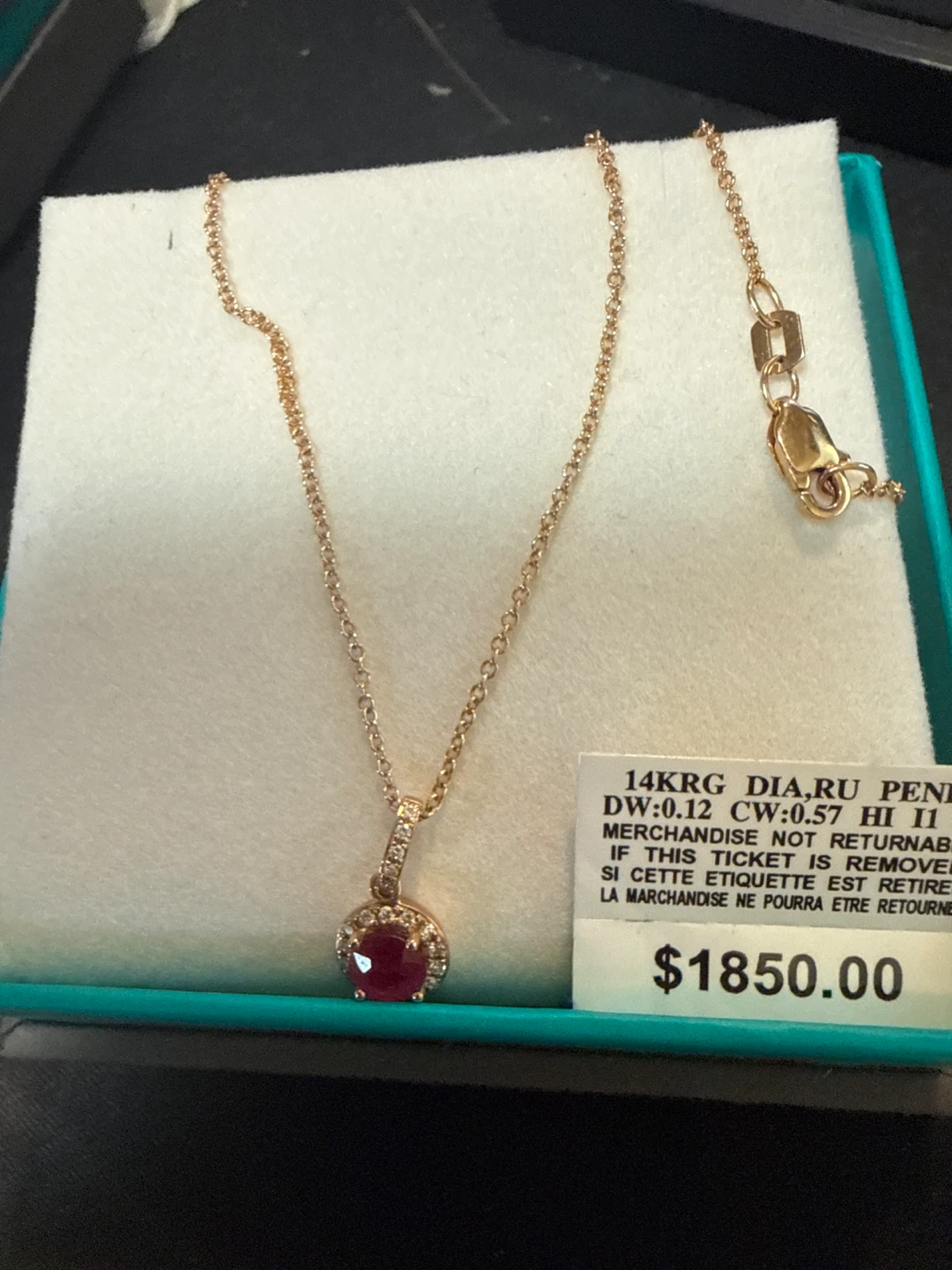 14K Rose Gold Ruby Diamond Halo Pendant Necklace