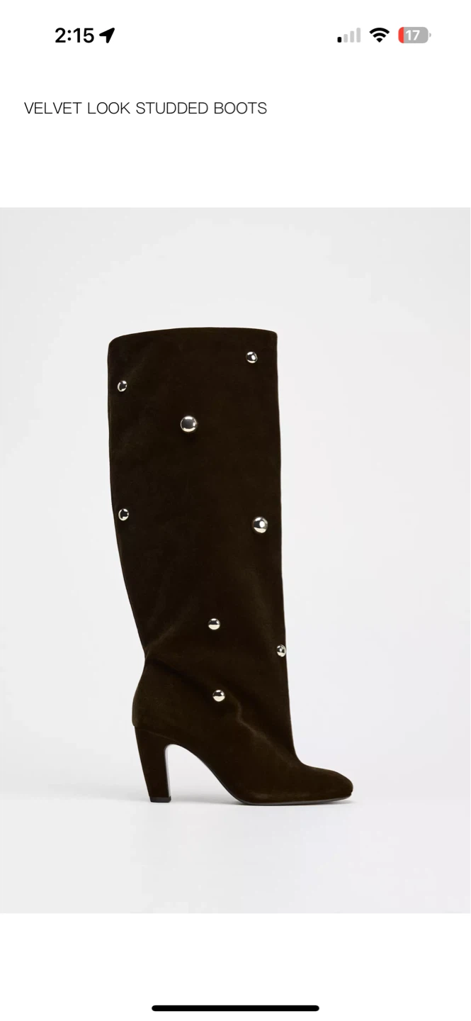 Zara Brown Velvet Look Studded Boots - Size 35