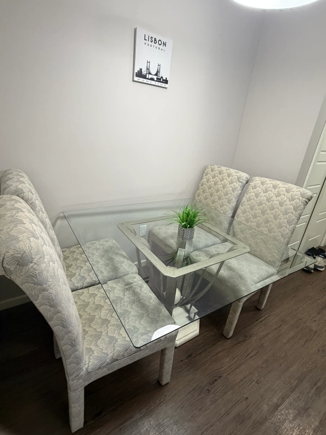 Glass Top Dining Set with Upholstered Chairs