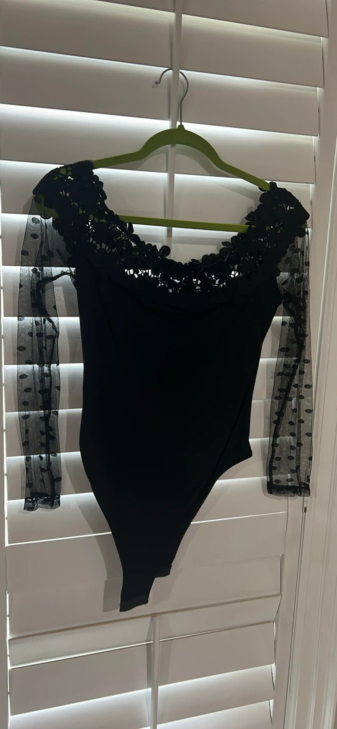 Black Lace Bodysuit with Sheer Sleeves