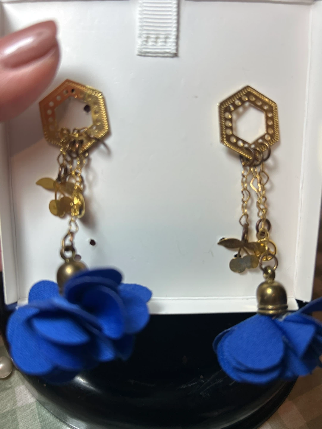 Gold Tone Hexagon Earrings with Blue Flower Tassels