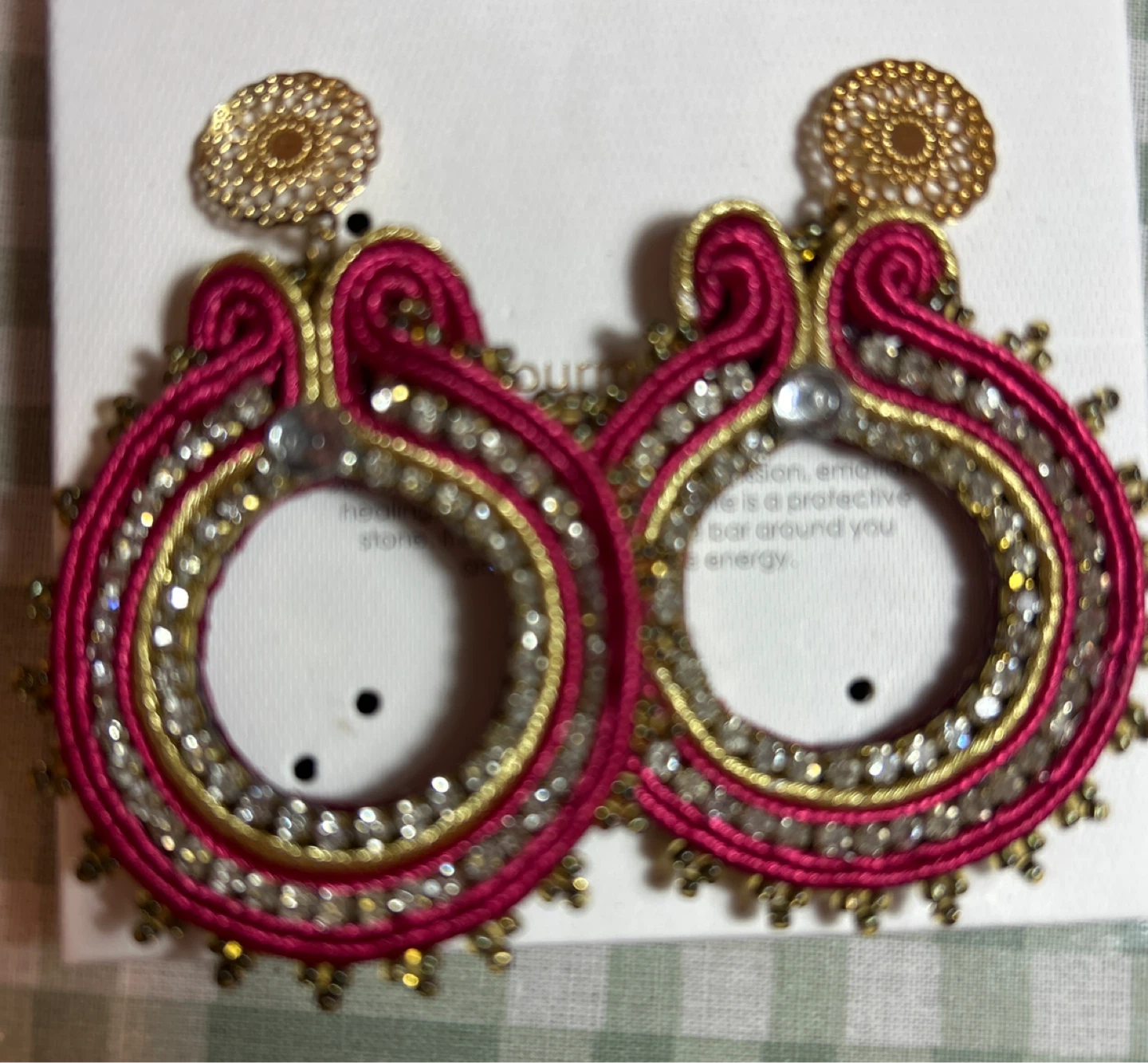 Artisan Hoop Earrings - Pink & Gold with Crystals