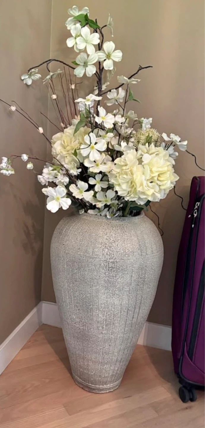 Large Textured Floor Vase with Faux Floral Arrangement