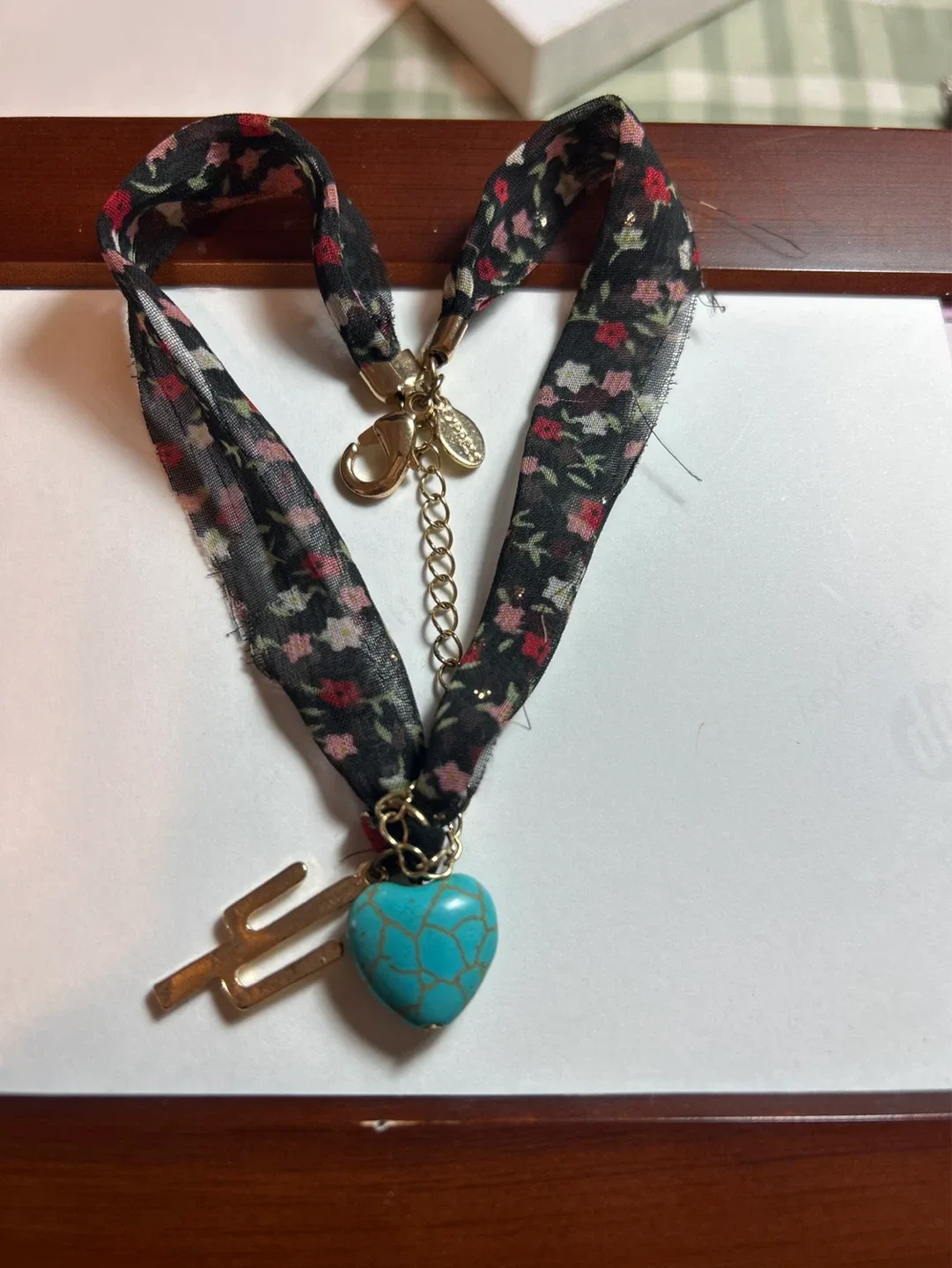Floral Choker Necklace with Turquoise Heart Charm