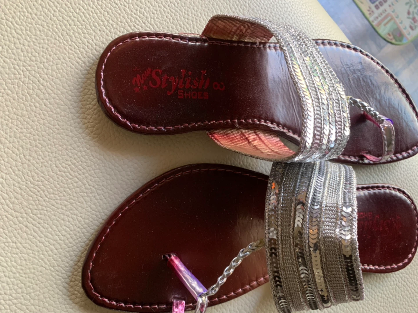 Stylish Shoes Thong Sandals - Burgundy with Silver Sequins - photo 3