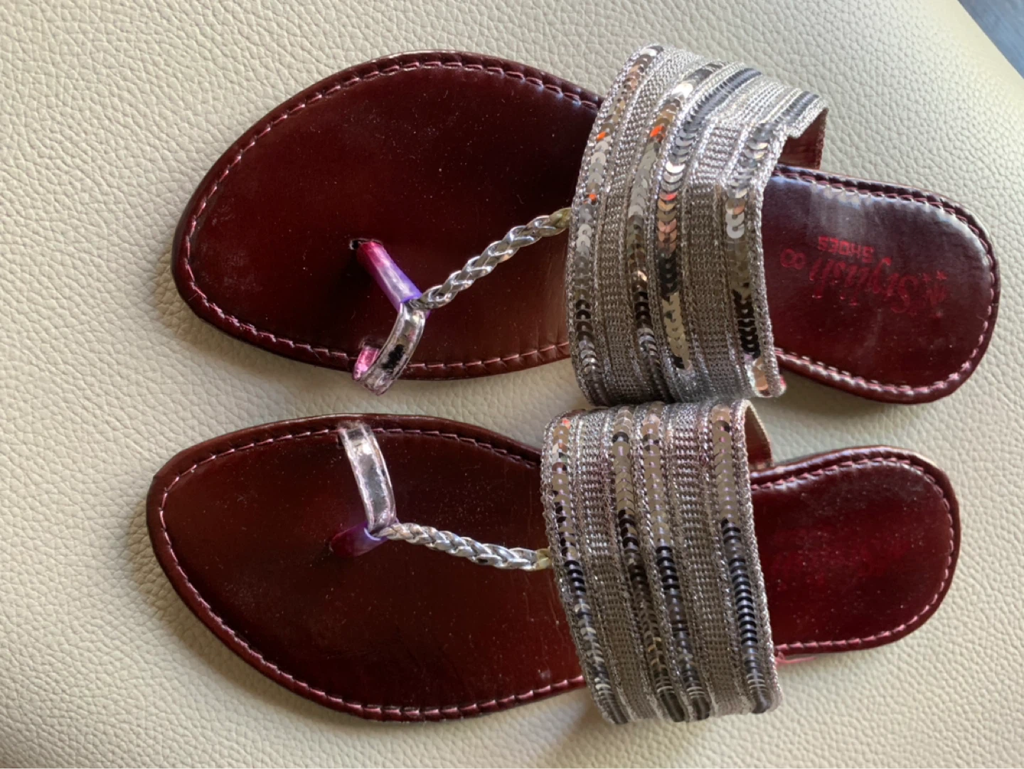Stylish Shoes Thong Sandals - Burgundy with Silver Sequins - photo 2