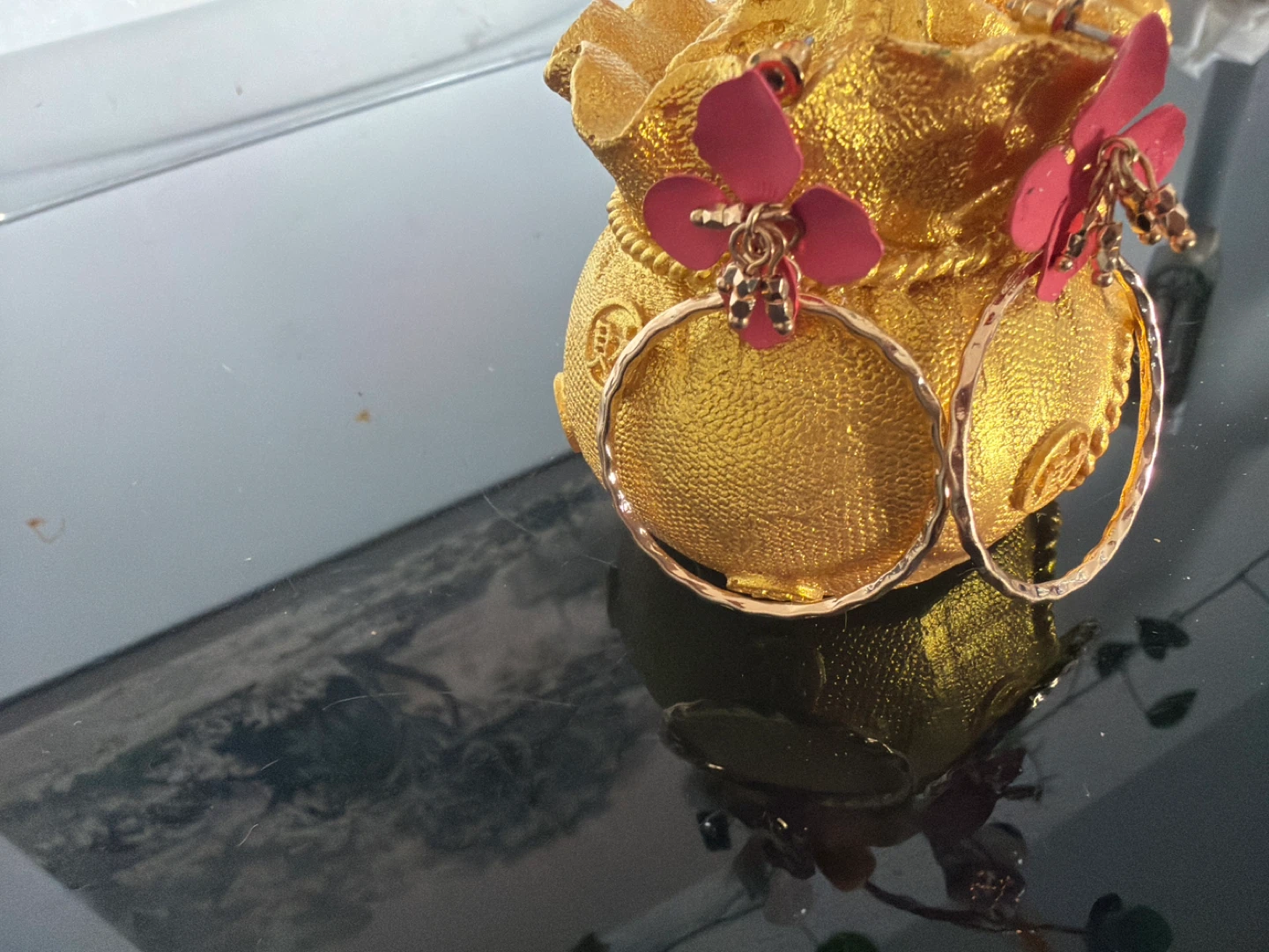 Gold Hoop Earrings with Pink Floral Accents