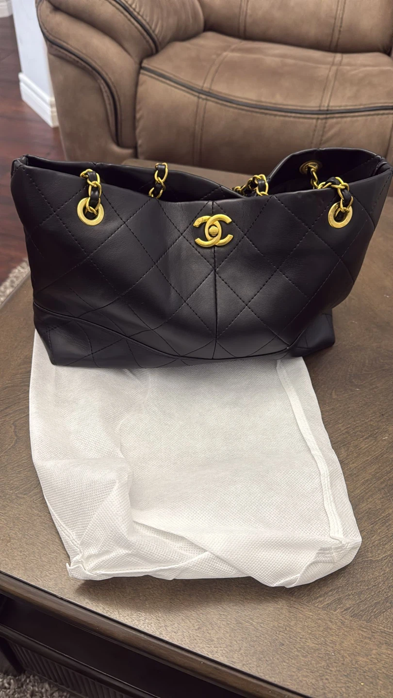 Black Quilted Leather Tote Bag with Gold Chain