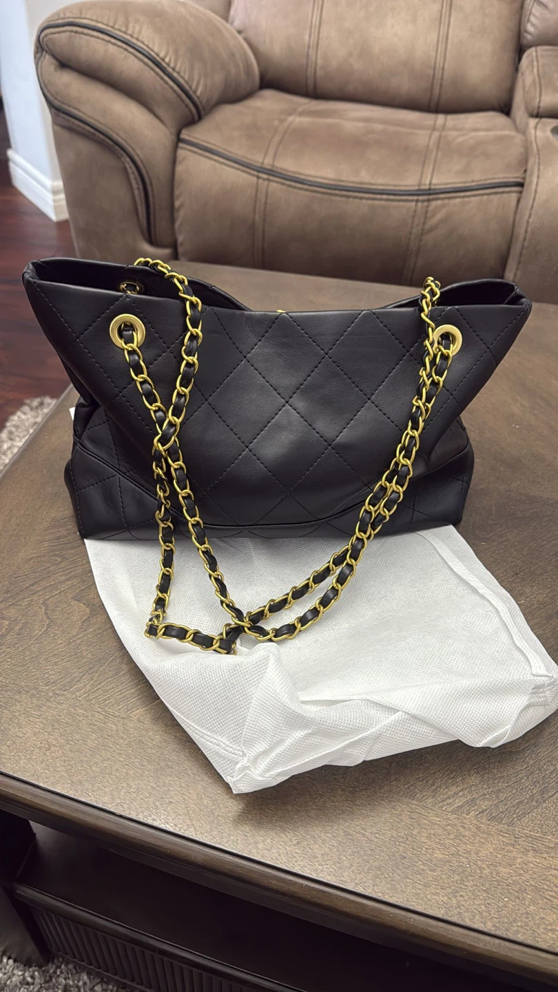 Black Quilted Leather Tote Bag with Gold Chain - photo 2