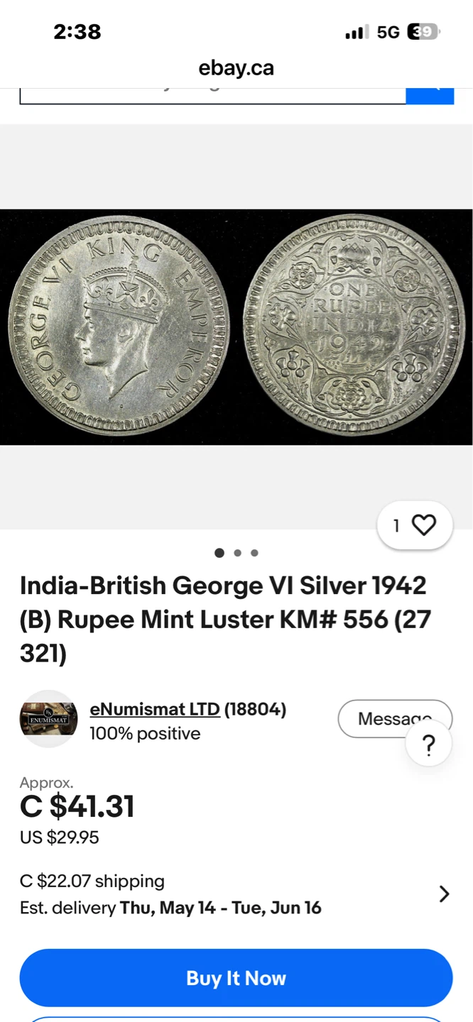 India-British George VI Silver 1942 One Rupee Coin - photo 2