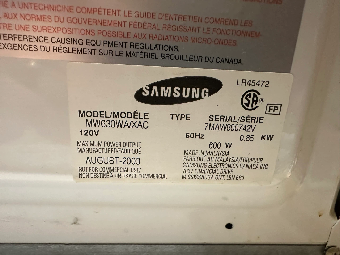 Samsung Microwave MW630WA/XAC - photo 3