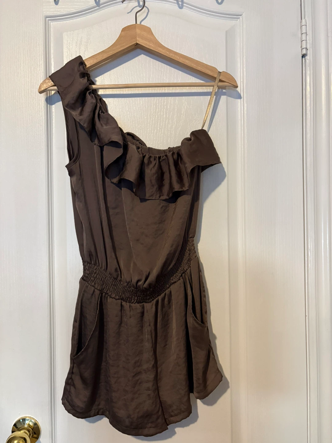 Brown Ruffled One-Shoulder Romper