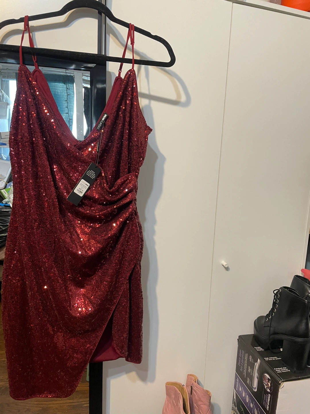 Size1X.  Fashion Nova Red Sequin Ruched Midi Dress
