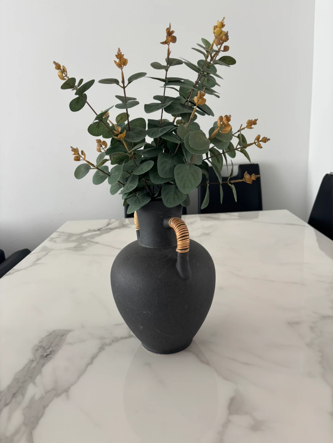 Black Ceramic Vase with Rattan Handles