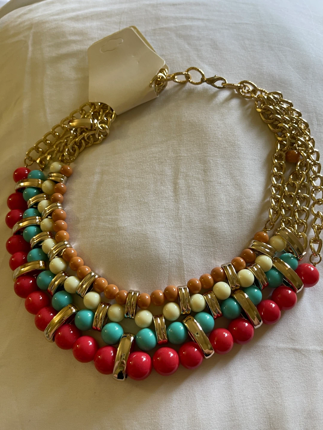 Multi-Color Beaded Statement Necklace with Gold Chain